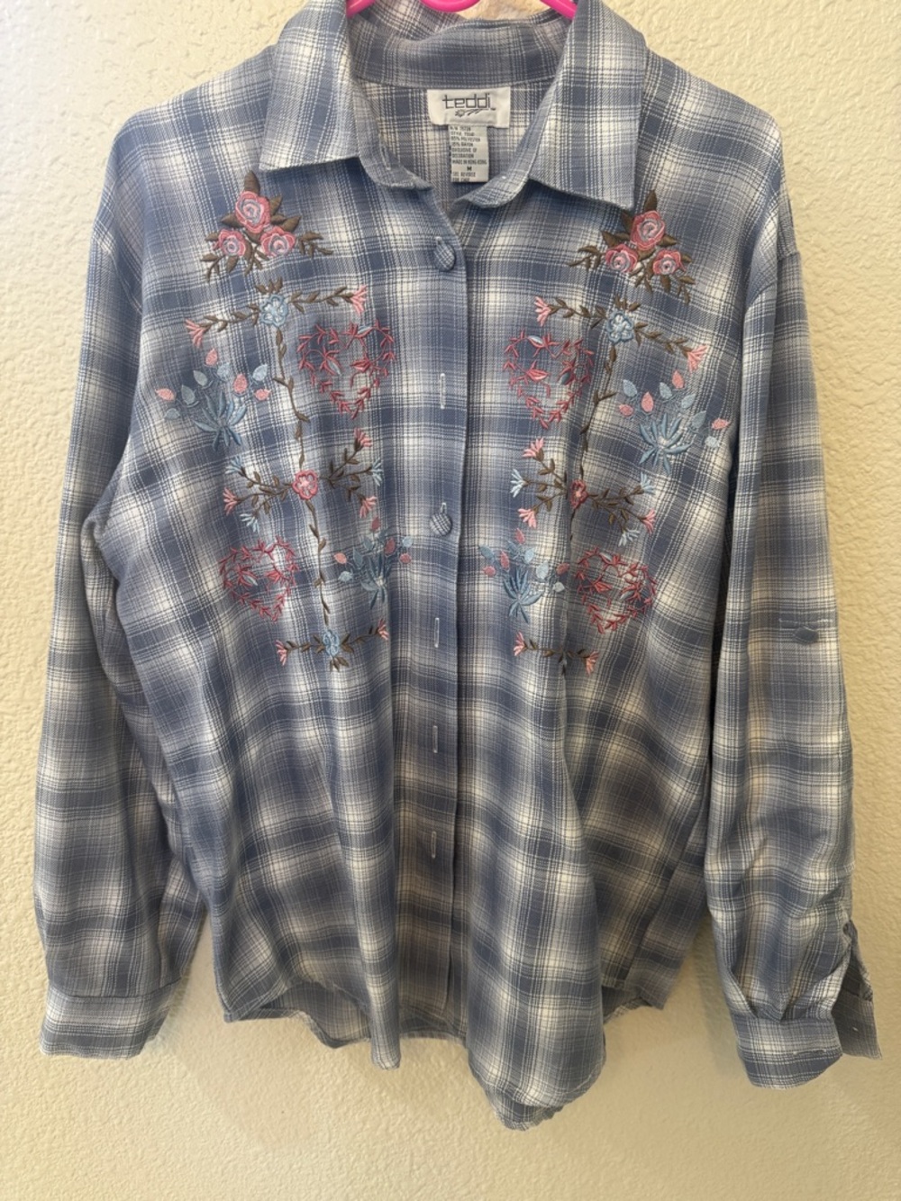Teddi Blue Plaid Button-Up Shirt with Pink Floral Embroidery